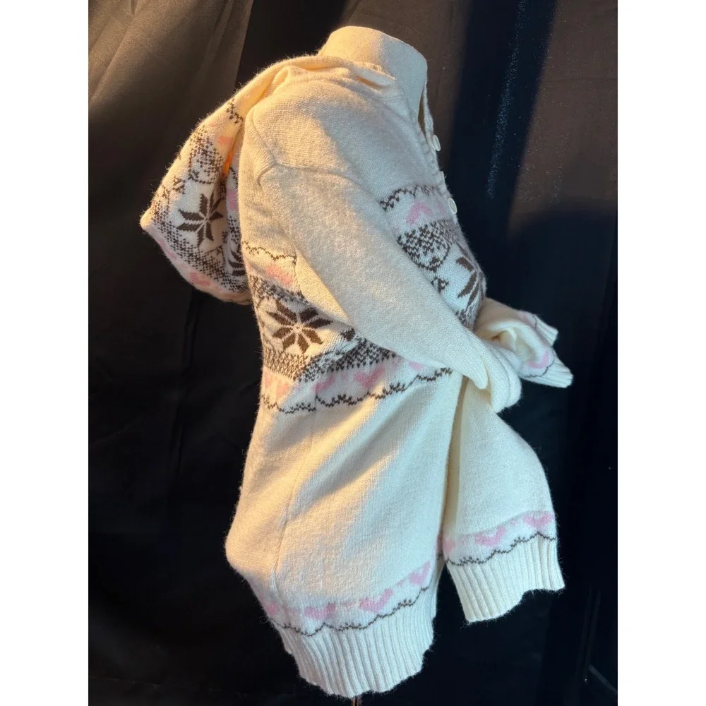SHEIN Cream Fair Isle Hooded Sweater Snowflake Heart Henley Pullover Small